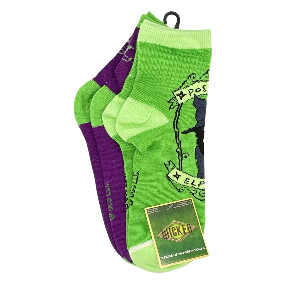 Wicked The Musical 2 Pair Mid Crew Socks Green Purple Witch Theme Shoe Size 4-10